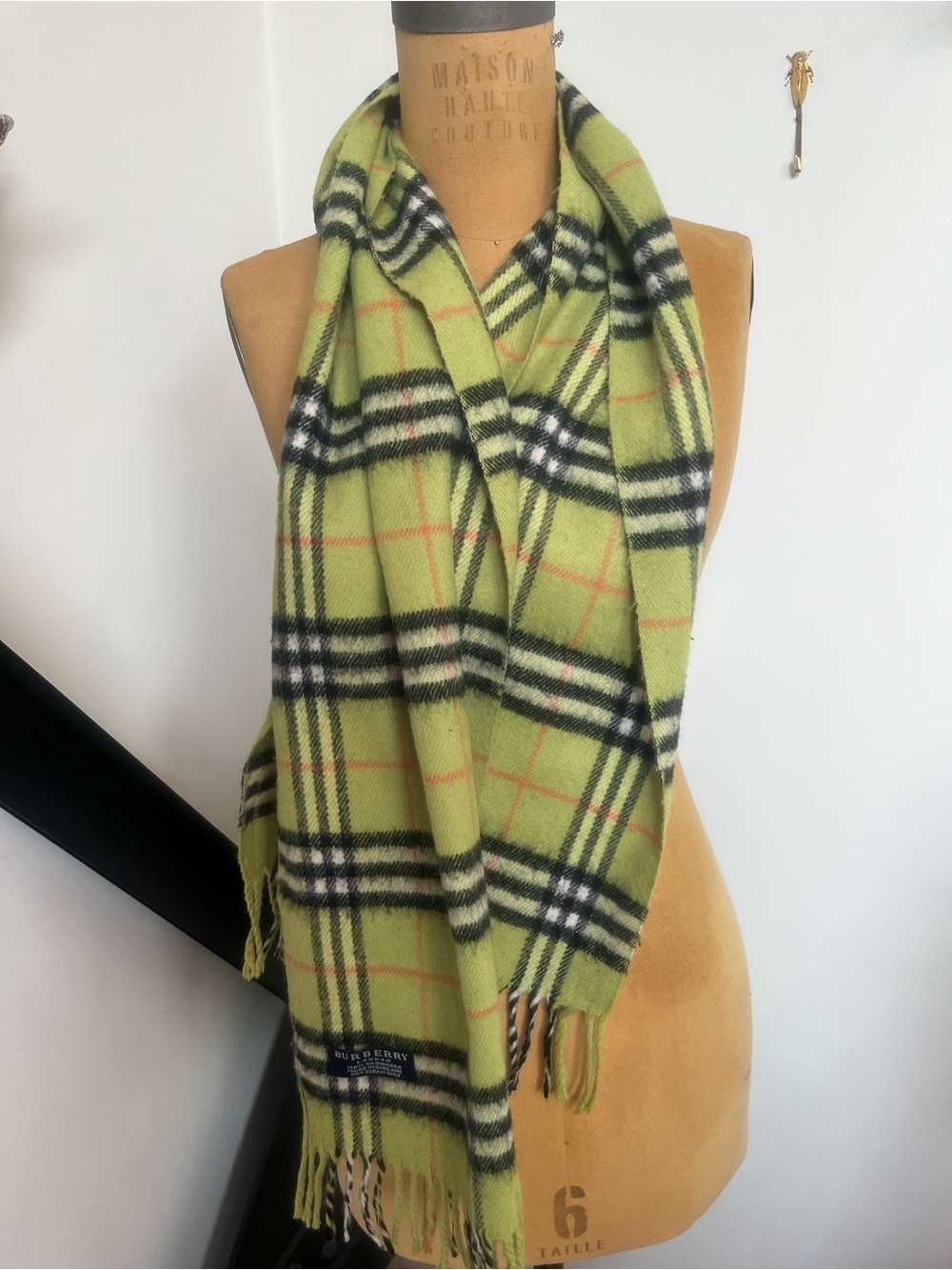 Burberry Lime Plaid Cashmere-Blend Scarf with Fringe